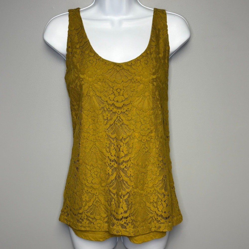 Loft Olive Green Gold Boho‎ Floral Lace Front Shell Feminine Layer Tank Sz S